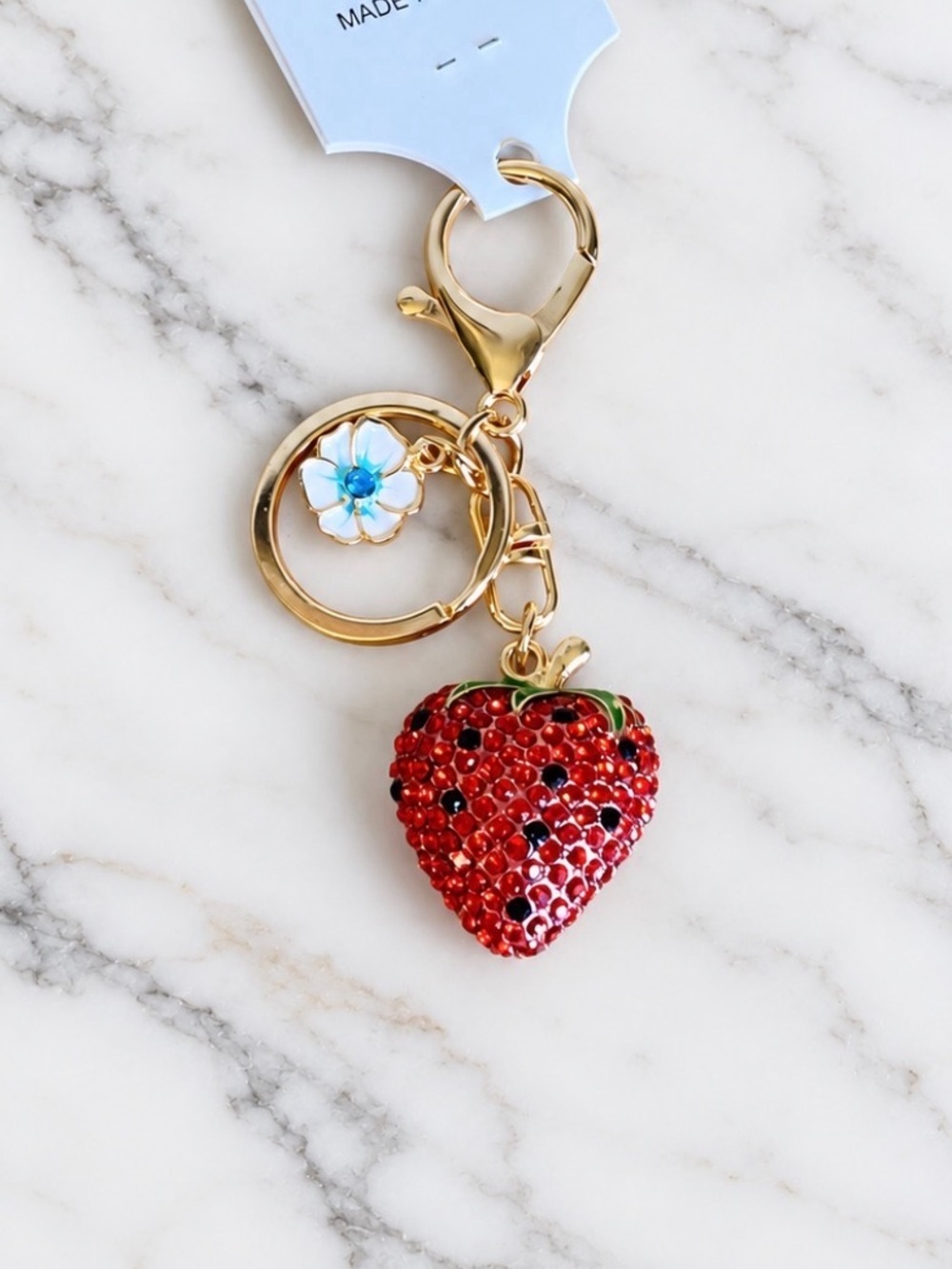 Gold-Tone Red Crystal Strawberry Bag Charm/Keyring with Enamel Floral Accent